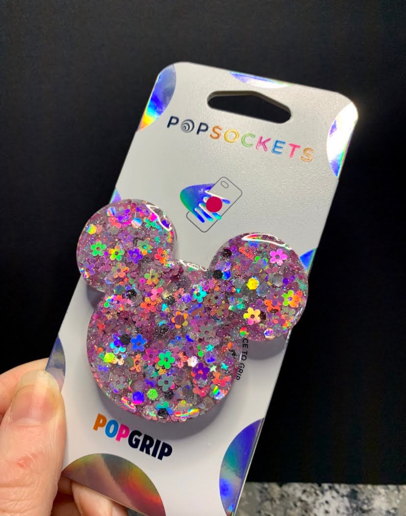 Pink Holographic Flowers Mouse Inspired “Pop” Cell Phone Grip/ Stand