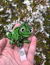 Load image into Gallery viewer, Glitter Chameleon Swivel Badge Reel
